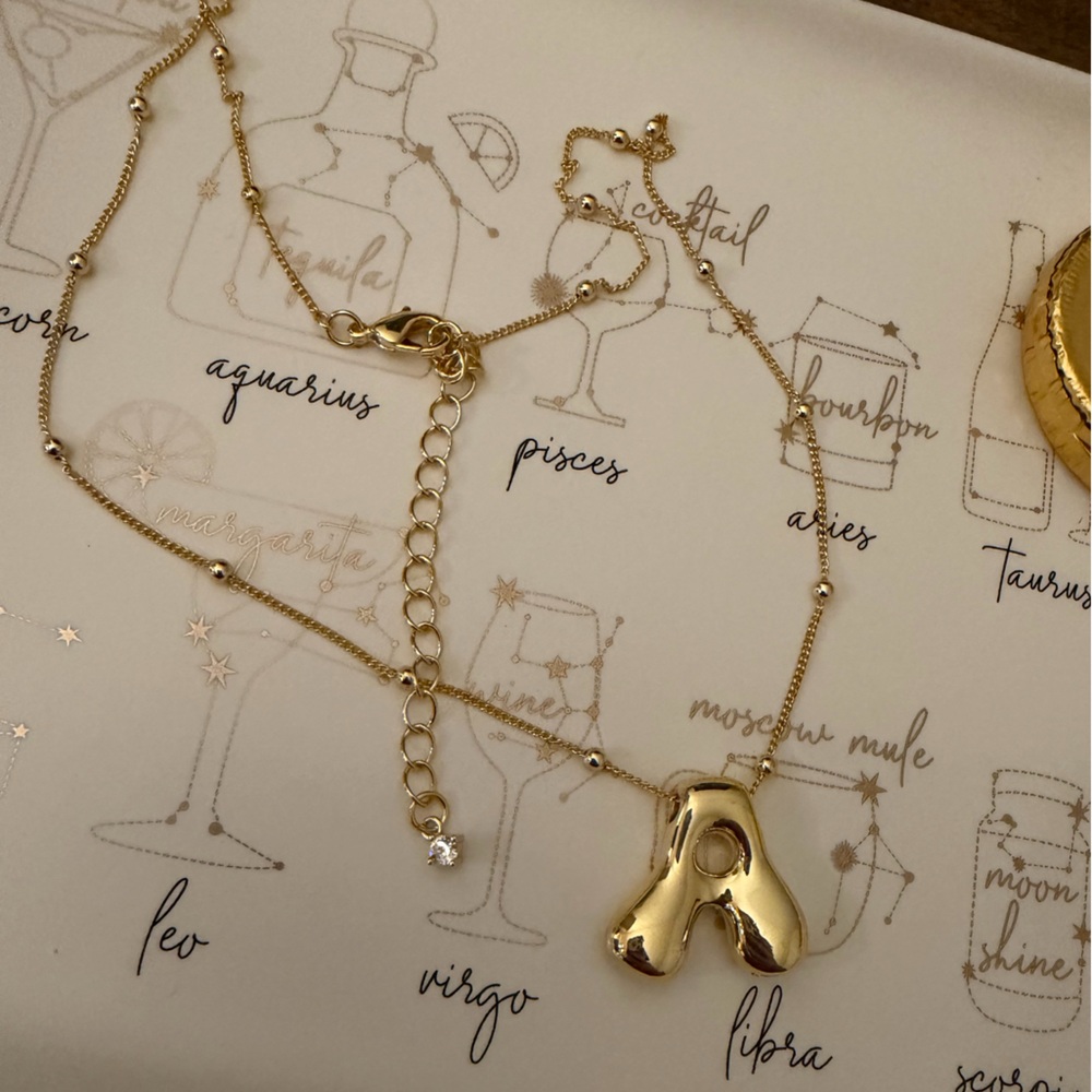 Shiny chunky gold bubble balloon initial A necklace on a beaded chain 11+ grams